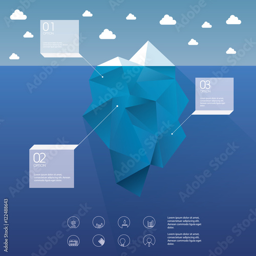 Polygon iceberg concept vector design with infographic menu options as symbol of business risk.