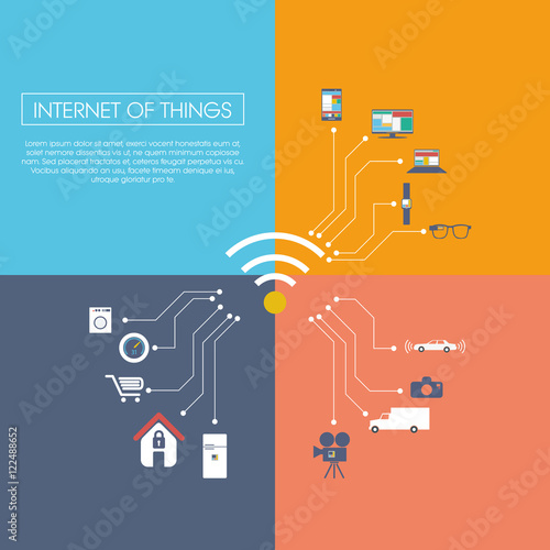 Internet of things concept vector illustration with icons for smart devices in household, technology, communication.