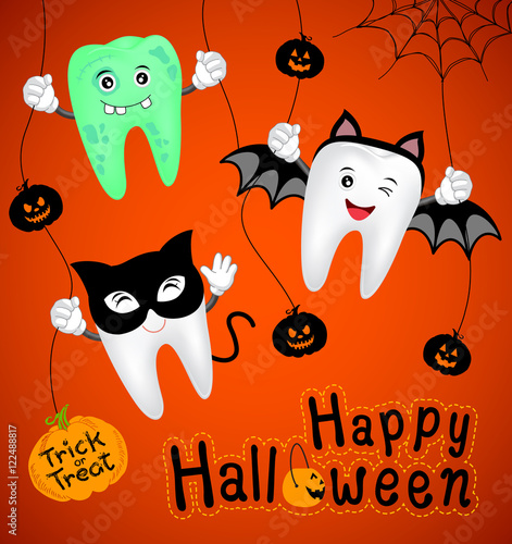 Teeth character with pumpkin in moon night on halloween. Funny illustration for banner, poster, greeting card