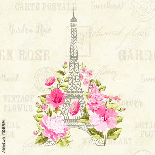Eiffel tower simbol with spring blooming flowers over gray text pattern with sign Paris souvenir. Vector illustration.