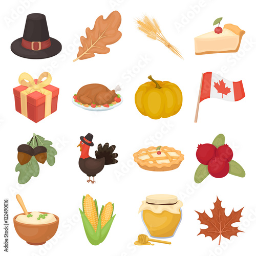 Canadian Thanksgiving Day set icons in cartoon style. Big collection of canadian Thanksgiving Day vector illustration symbol.