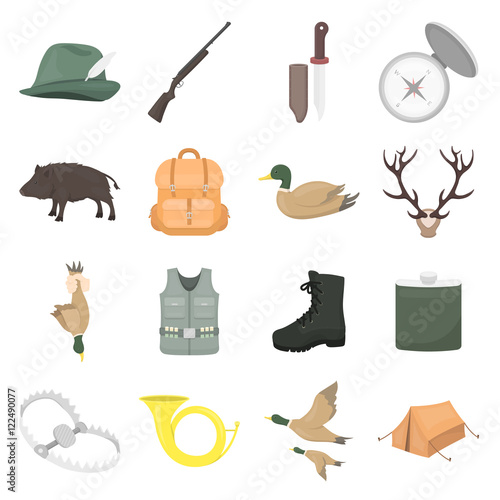 Hunting set icons in cartoon style. Big collection of hunting vector illustration symbol.