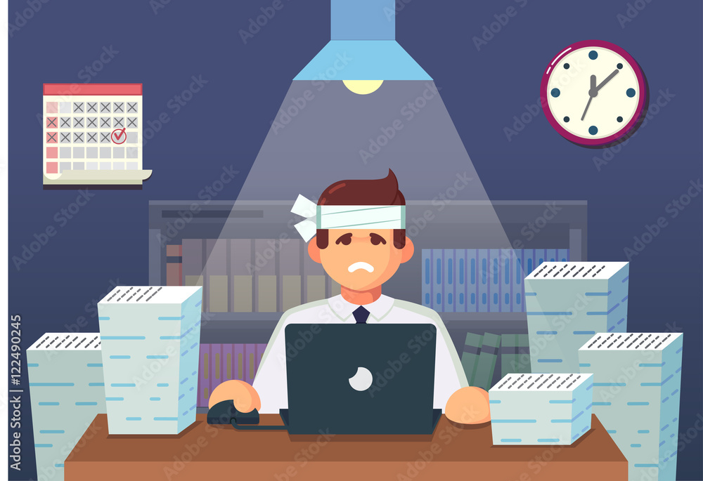 Funny flat Cartoon Character. Tired Office Worker Sitting and Working All Night. Vector Illustration