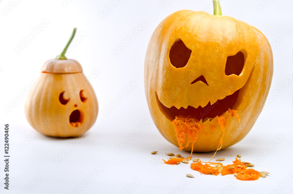 Fototapeta premium Little pumpkin scared looks at a great evil pumpkin