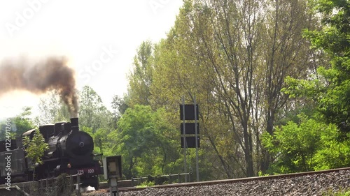 Old steam train and antique carriages runs in the countryside on the railway line Novara-Varallo Sesia, Piedmont, Italy