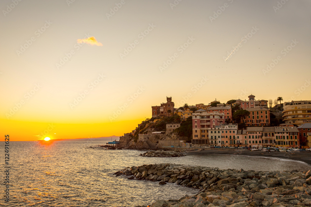 Sunset in the sea village with color huoses/ sunset/ Sun/houses/Genoa/Italy