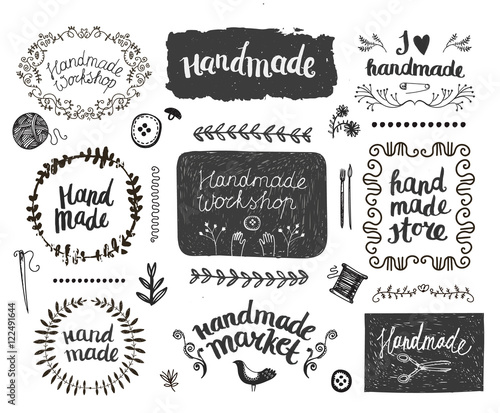 Vector set of hand drawn doodle frames badges. Handmade, workshop