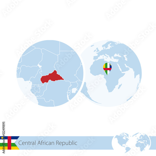 Obraz na plátně Central African Republic on world globe with flag and regional map of CAR