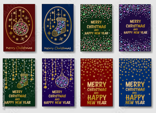 Collection of 8 Christmas card templates. Vector illustration. Greeting card set.