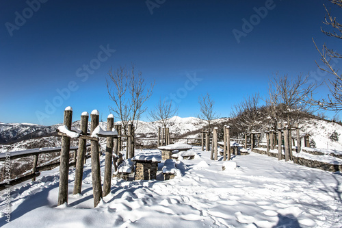 Park benches fence and trees covered by heavy snow