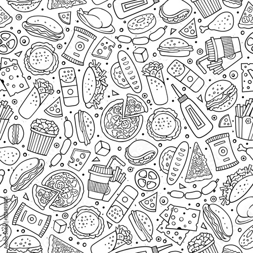 Cartoon cute hand drawn Fast food seamless pattern.