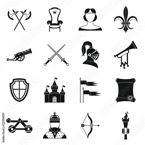 Knight medieval icons set in simple style. Middle ages warrior weapons set collection vector illustration