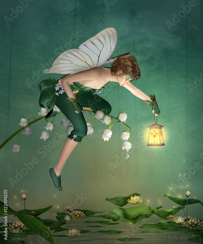 Fotografía Little elf with lantern sits on a lily of the valley
