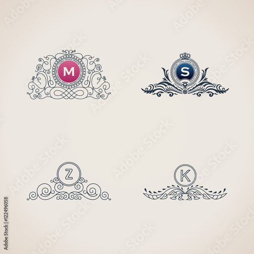 Calligraphic flourishes luxury monogram set. Line frame template logo for elegant emblem