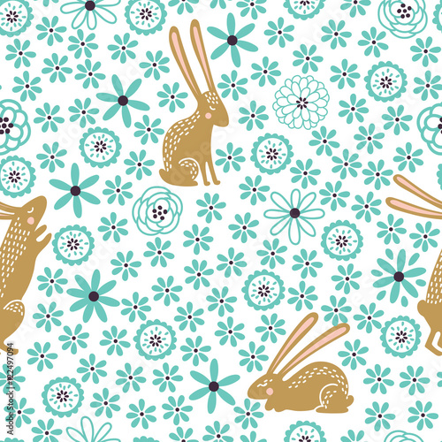 Seamless floral pattern with cute little rabbits