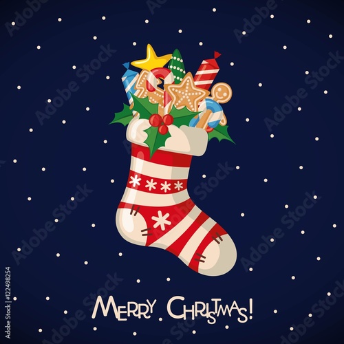 Christmas card with sock full of gifts.