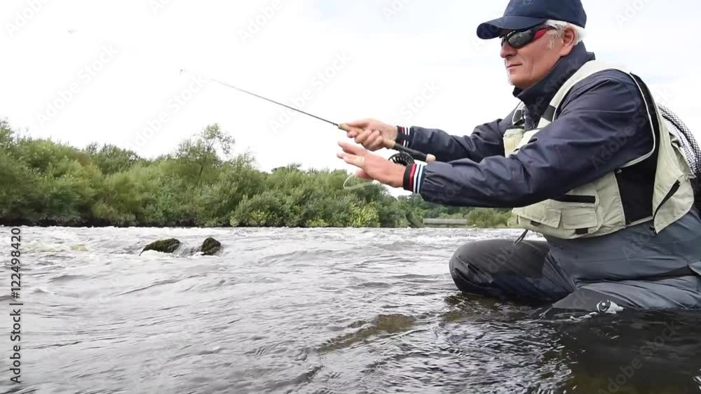 Fly-fisherman fishing in river Fly-fisherman fishing in river