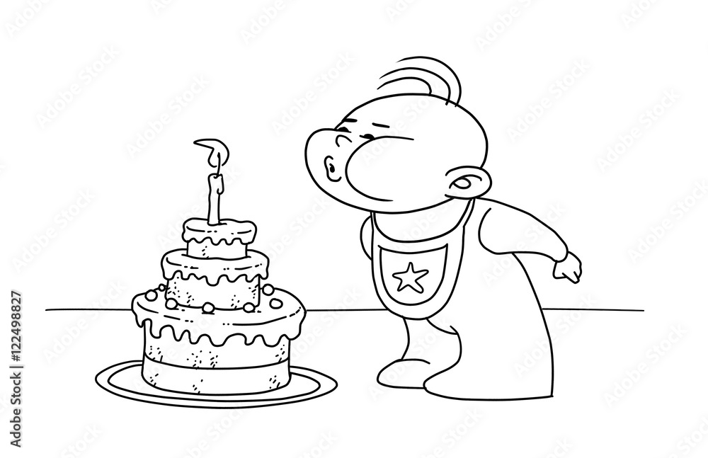 Kid blowing a candle on a cake on his birthday StockIllustration