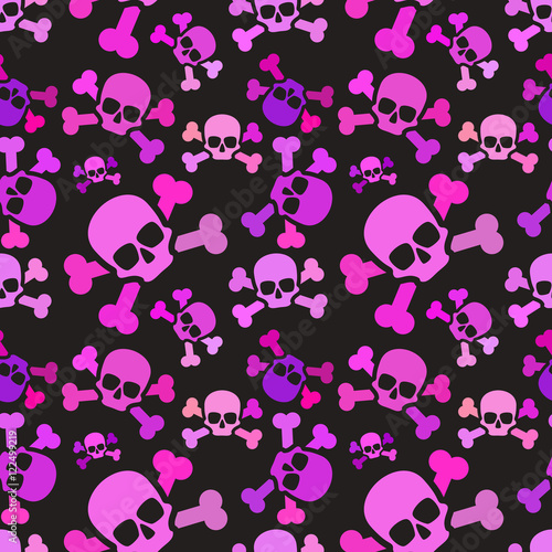 Pink skulls on dark background, emo subculture seamless pattern