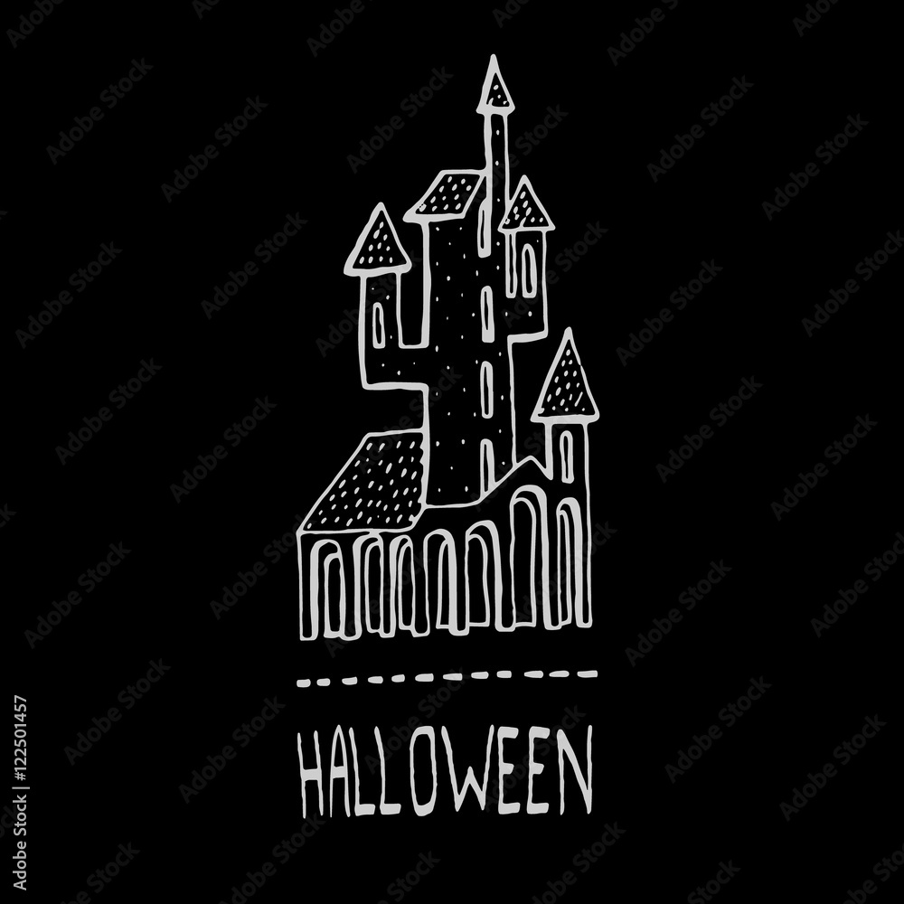 Castle silhouette. Vector illustration of cute greeting card for Halloween. Logo for party.