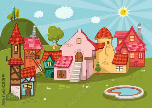 Cartoon background of a medieval village. © armation74