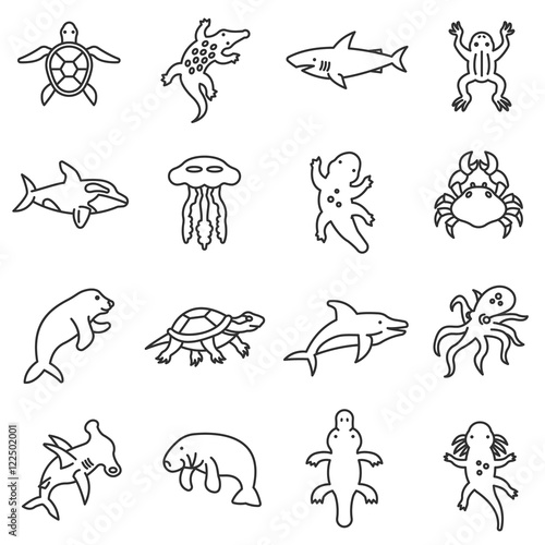Aquatic animals icons set, line style. Animals living in the seas, oceans and fresh water isolated symbols collection