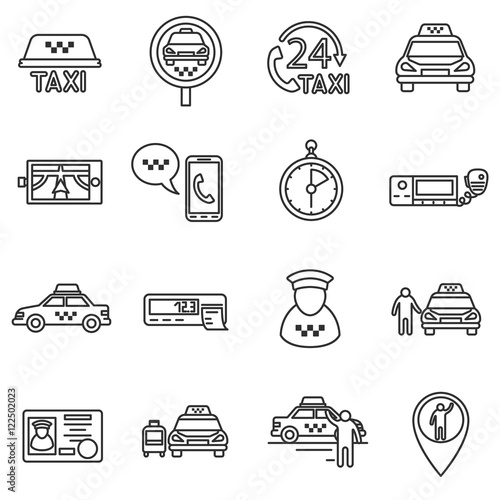 Taxi icons set, line style. Call and a taxi ride isolated symbols collection. Working as a taxi driver vector illustration