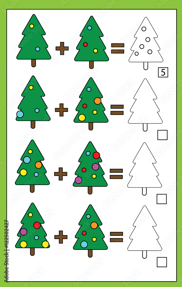 Math educational counting game for children, addition worksheet, christmas theme Math educational counting game for children, addition worksheet, christmas theme