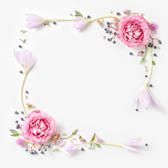 Fresh pink roses frame border isolated