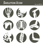 Skeleton icon (hand, finger , wrist , head , neck , thigh , knee , leg , shoulder , arm , forearm , thorax , ankle , foot , pelvis , hip , backbone ( vertebrae ) , elbow) black and white , flat design
