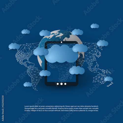 Abstract Cloud Computing and Global Network Connections Concept Design with Earth Globe, Digital Tablet, Wireless Mobile Device, Transparent Geometric Mesh - Illustration in Editable Vector Format