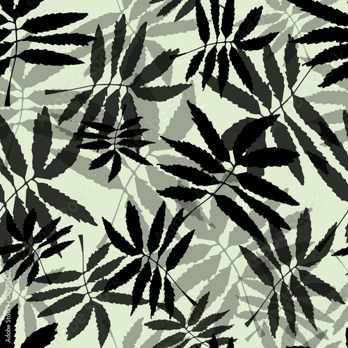 Palm leaves silhouette on the white background. Vector seamless pattern with tropical plants.