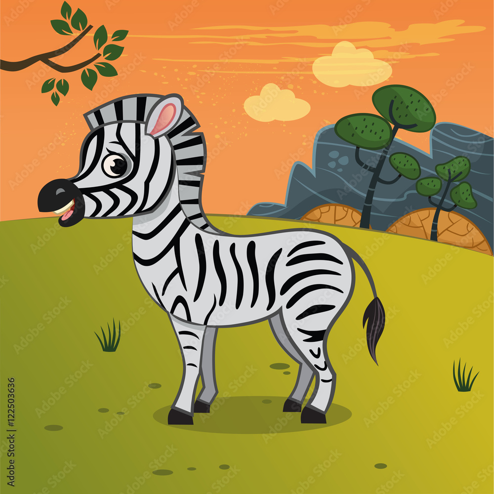 Obraz premium Cartoon Illustration Zebra on Savannah. (Vector)