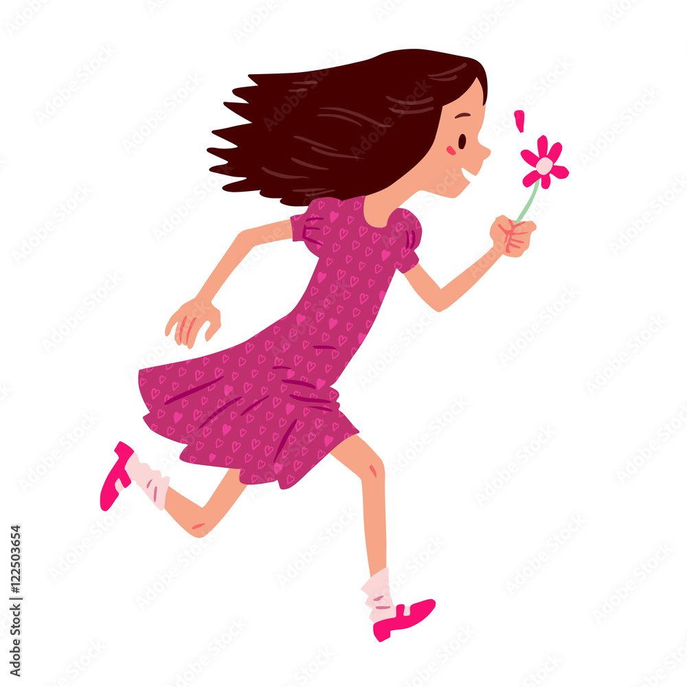 Illustration of running girl with flower in hand, isolated on white background Illustration of running girl with flower in hand, isolated on white background