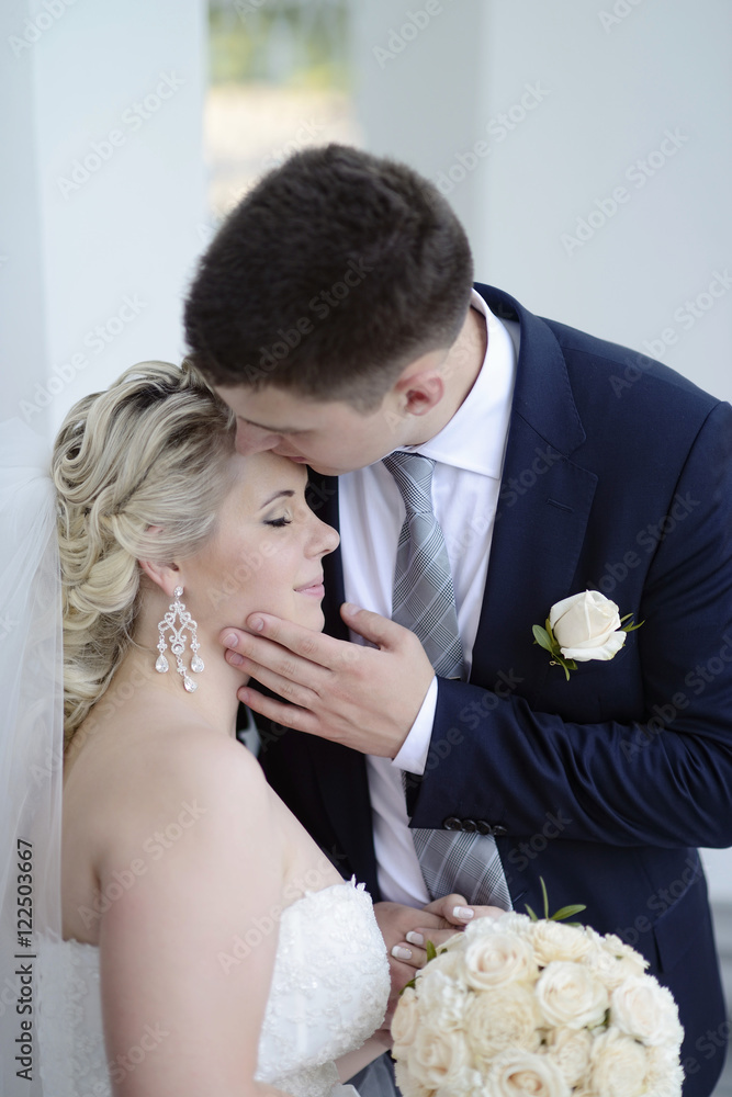 Wedding couple on the nature is hugging each other. Beautiful model girl in white dress. Man in suit. Beauty bride with groom. Female and male portrait. Woman with lace veil. Lady and guy outdoors Wedding couple on the nature is hugging each other. Beautiful model girl in white dress. Man in suit. Beauty bride with groom. Female and male portrait. Woman with lace veil. Lady and guy outdoors