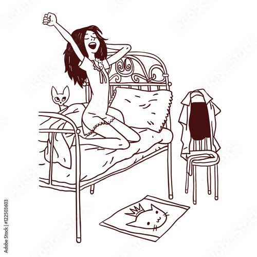 Vector sketch of Girl wake up in the morning. Young woman sitting with cat in bed in bedroom