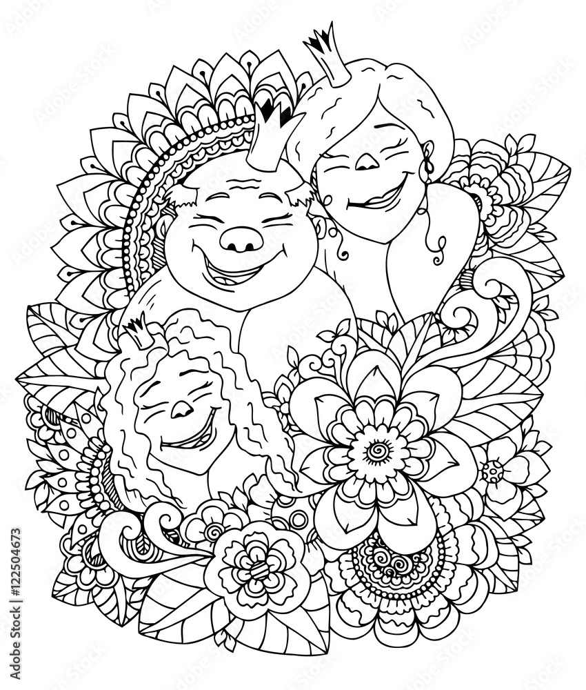 Vector illustration zentangl , the royal family in a flower frame. Doodle drawing. Meditative exercises. Coloring book anti stress for adults. Black and white. Vector illustration zentangl , the royal family in a flower frame. Doodle drawing. Meditative exercises. Coloring book anti stress for adults. Black and white.