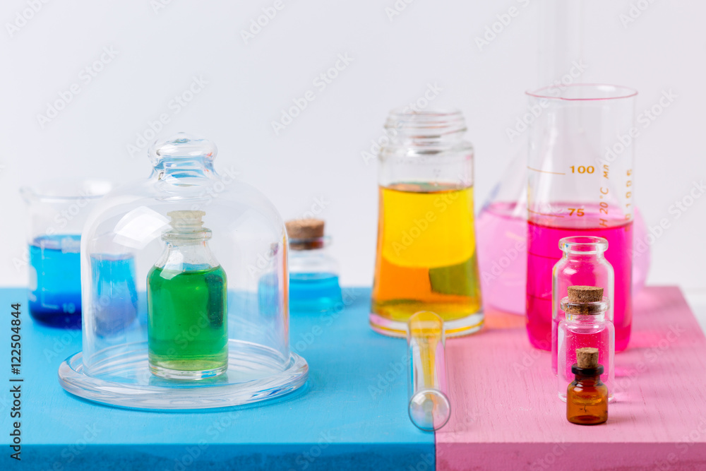 Pharmacy and chemistry theme. Test glass flask with solution in Pharmacy and chemistry theme. Test glass flask with solution in