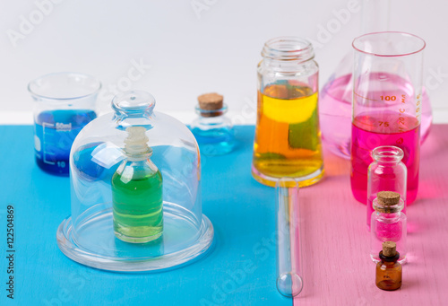 Pharmacy and chemistry theme. Test glass flask with solution in