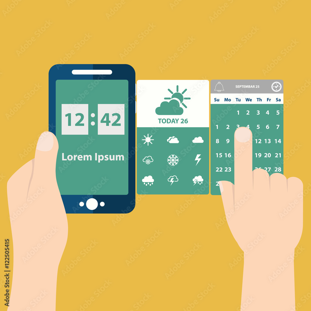 Vector illustration of hands holding mobile with time and date