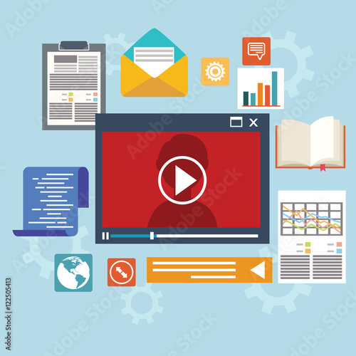 E-learning concept in flat style - digital content and online webinar icons