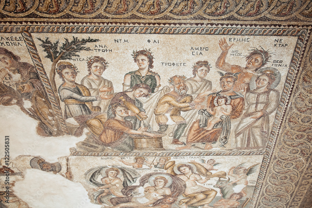 Ancient Greek mosaic in Paphos Archaeological Park. Mosaics are included in UNESCO World Heritage List.