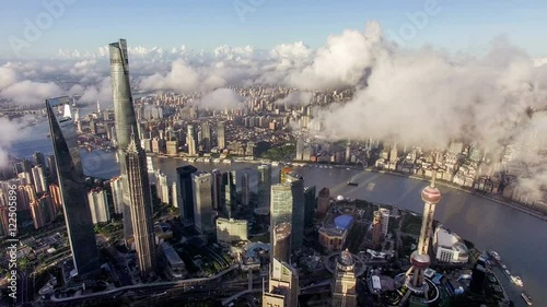 Bird view of the busy city in the sky over Pudong CBD,Shanghai, China
