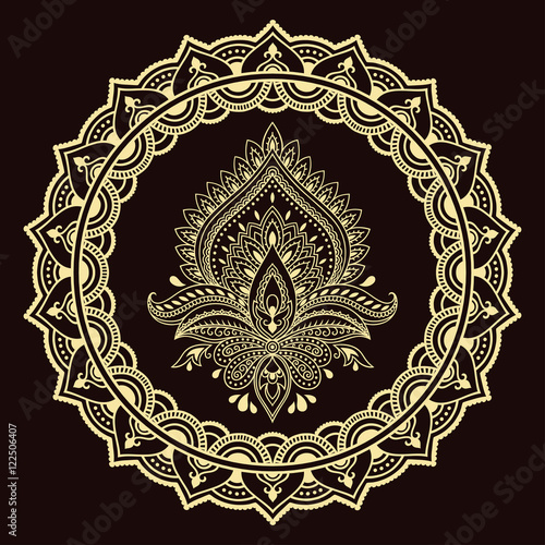 A circular pattern in the form of a mandala.Henna tattoo flower template in Indian style. Ethnic floral paisley - Lotus. Mehndi style. Decorative pattern in oriental style. 