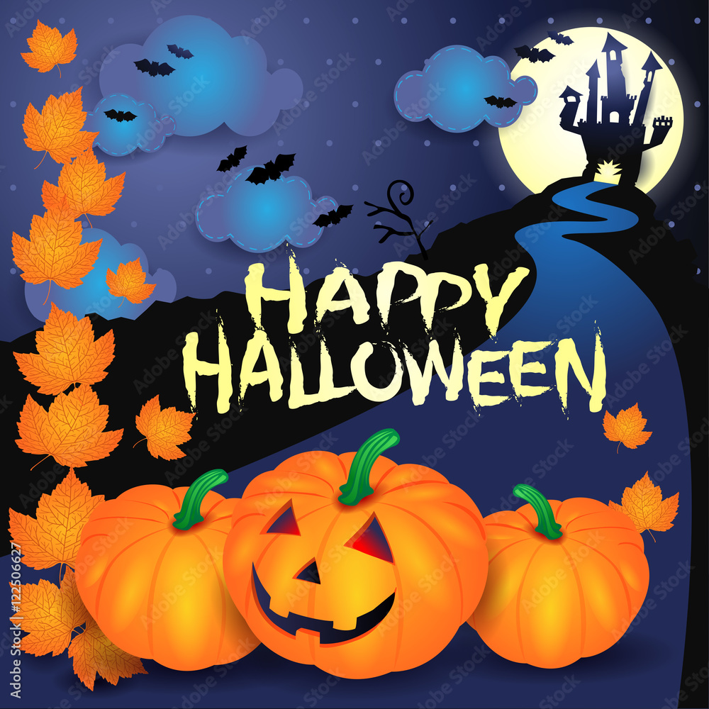 Halloween background with pumpkins, text and castle