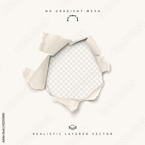 Torn paper realistic, hole in the sheet of paper on a transparent background. No gradient mesh. Vector illustrations.