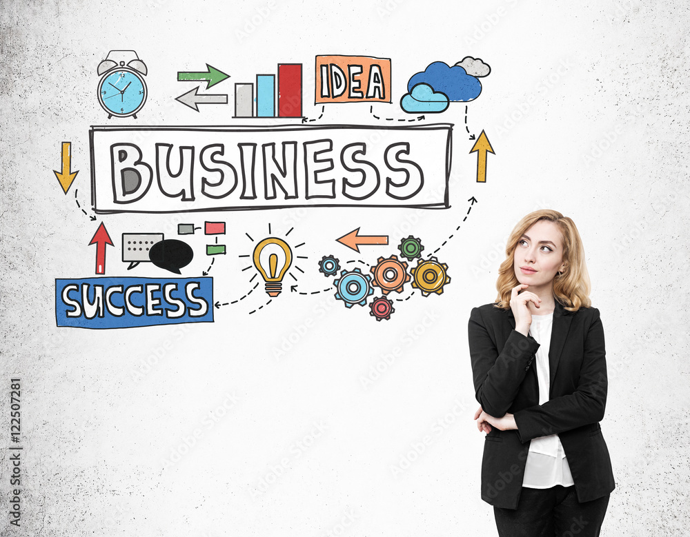 Businesswoman with red hair and colorful busienss sketch Businesswoman with red hair and colorful busienss sketch