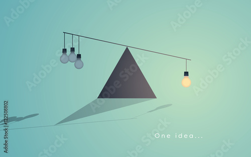 Creativity concept with one light bulb as symbol of great idea outweighing many small ideas.