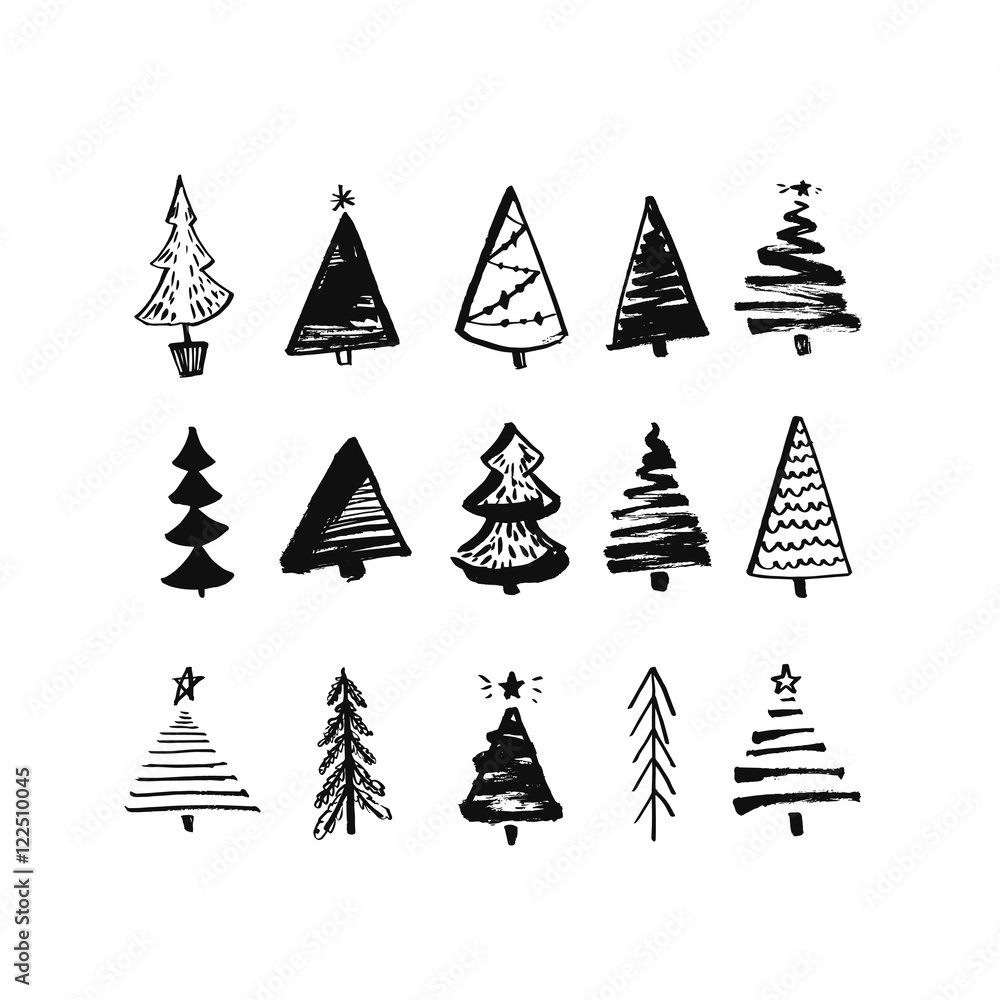 Obraz premium Hand drawn christmas tree. Set of sketched illustrations of firs. Black ink and brush sketches of spruce for cards and package design. Vector elements.