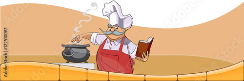 cartoon chef cooks in the pot and looks in the book